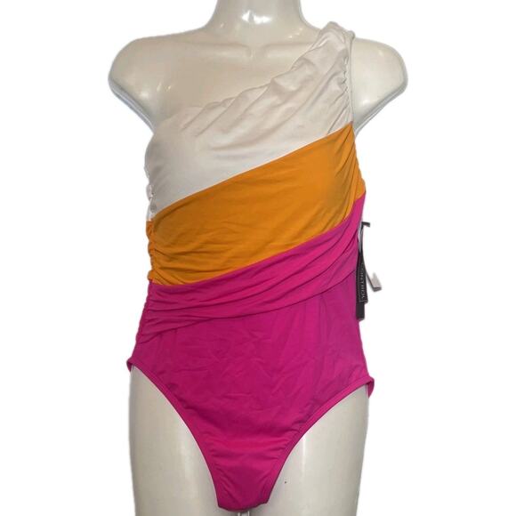 La Blanca Island Goddess Swimsuit Women 10 Pink Colorblock One Shoulder Shirred - Picture 1 of 4